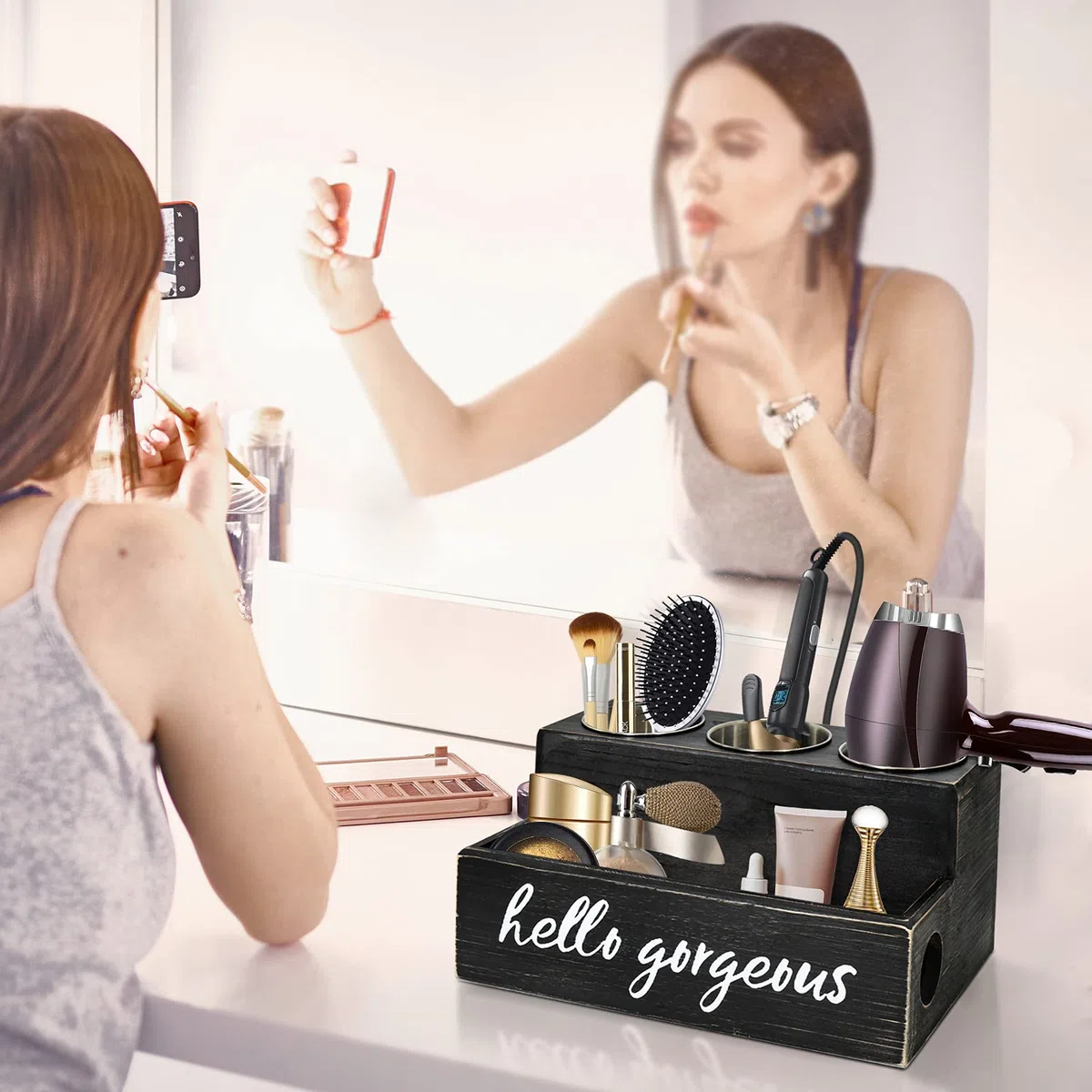 UNISTYLE Soporte para secador de pelo o rizador, encimera, herramientas para el cabello y suministros de peinado, organizador plano para encimera de baño para accesorios, maquillaje, almacenamiento de