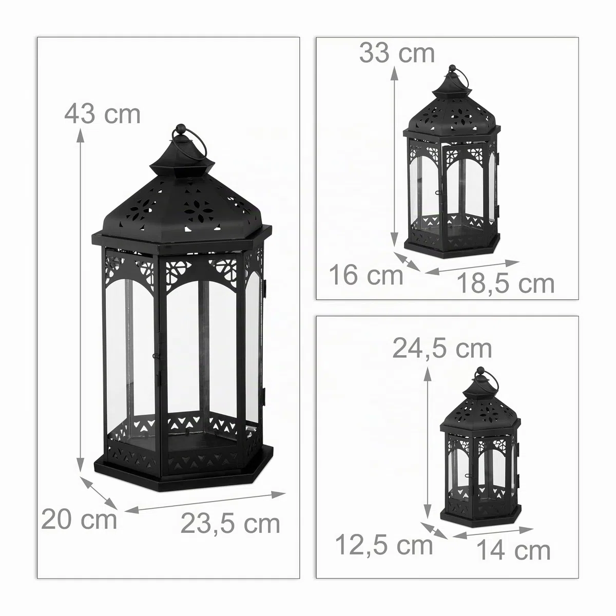 Relaxdays Set de 3 Farolillos Decorativos para Exterior e Interior, Hierro-Cristal, Negro, 3 Tamaños