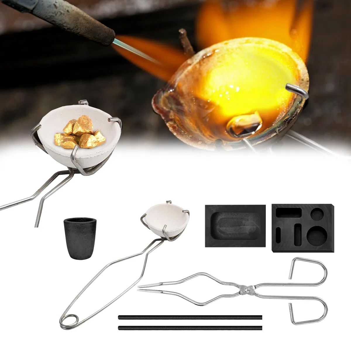 Kit De Crisol De Grafito, 8 Piezas Para FundicióN Molde De FundicióN De Grafito Crisol Molde De FundicióN Pinzas Para Crisol De Cuarzo Grafito CilíNdrico Para Metales No Ferrosos Oro Plata LatóN