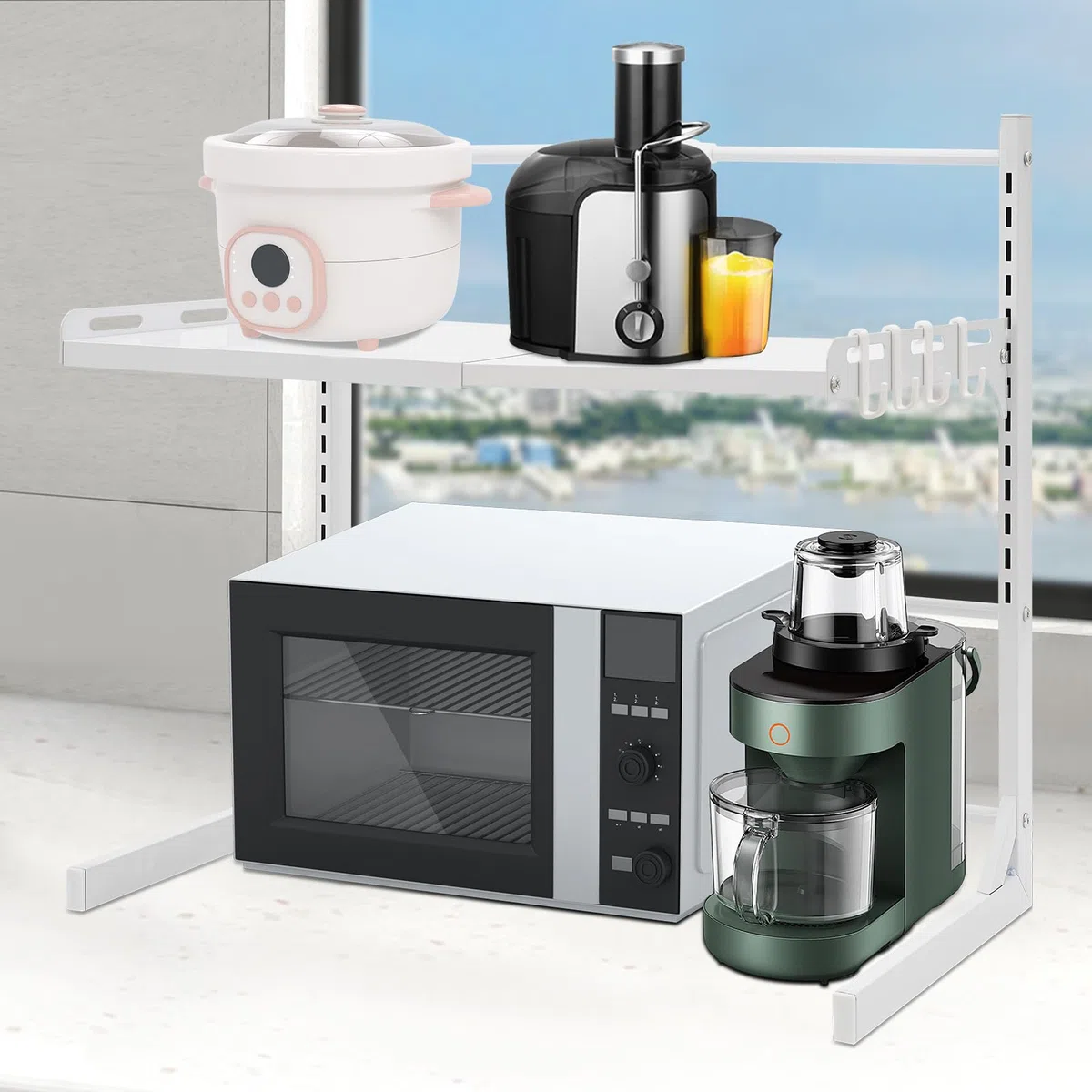 Estantería extensible para microondas de 2 niveles, ajustable, de acero al carbono, estantería de metal con 4 ganchos, soporte para microondas, estante para especias de pie, estante para horno