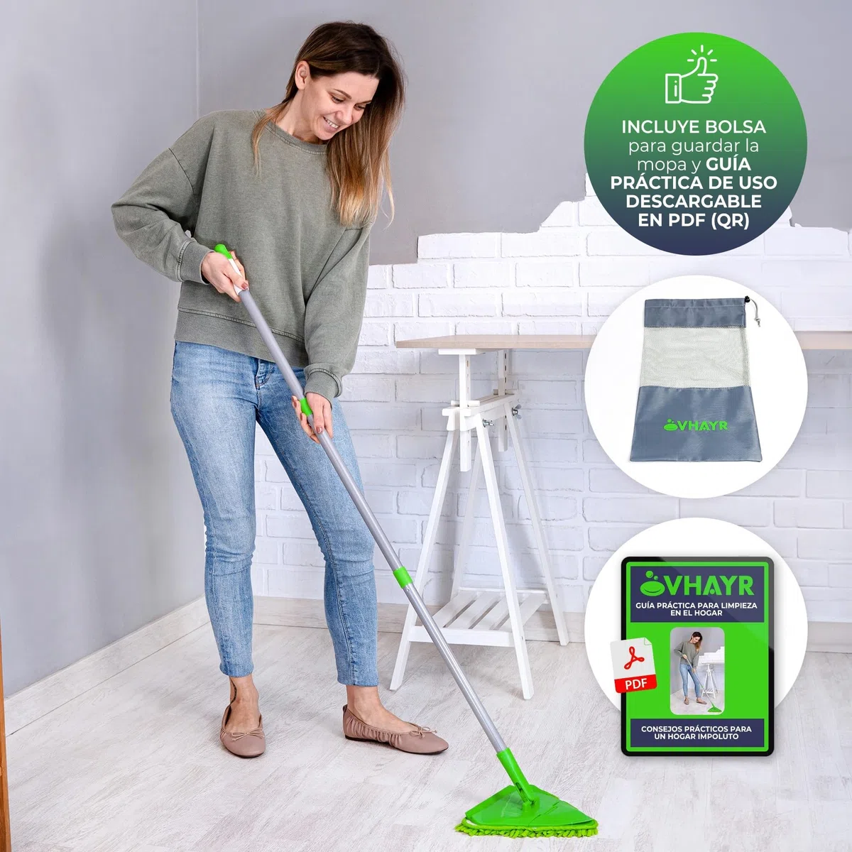 Mopa para Limpiar Azulejos y Paredes + Rasqueta Limpia Cristales | Trapeador Giratorio 360 | Mango Ajustable hasta 2,08 Metros | 6 Almohadillas de Chenilla y Microfibra (MOPA+RASQUETA)