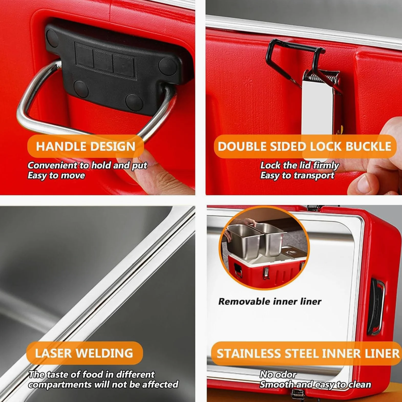 Caja calentadora de alimentos, transportador de alimentos aislado con sartenes de acero inoxidable, 4 hebillas y 2 asas, calentador de alimentos fríos y calientes para catering y camping