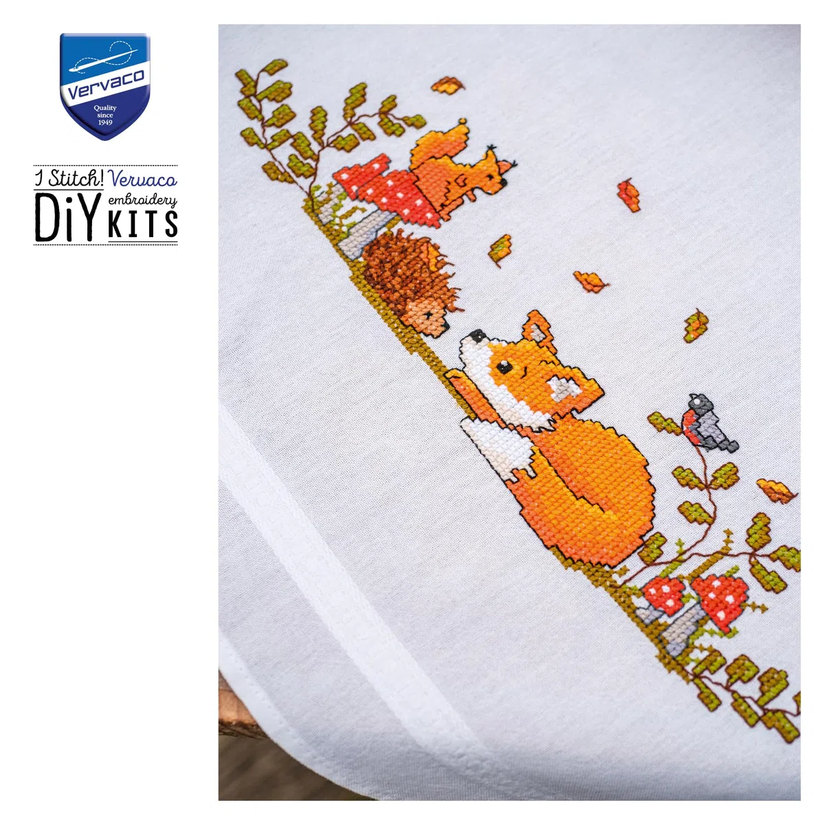 Vervaco Mantel Para Bordar Punto De Cruz Completo Bordado Tela Impresa Bosque de otoño Decoracion Para Manualidades DIY Adultos Set Ocio Creativo Regalo 80 x 80 cm Cross Stitch Embroidery