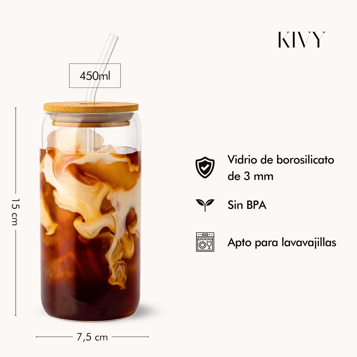 KIVY Set de Vasos de Cristal con Pajita y Tapa de Bambú [4x 450ml] - Vasos de Agua, Café & Matcha - Set de Vasos Longdrink - Vaso Café - Vasos Altos para Cóctel - Sin BPA