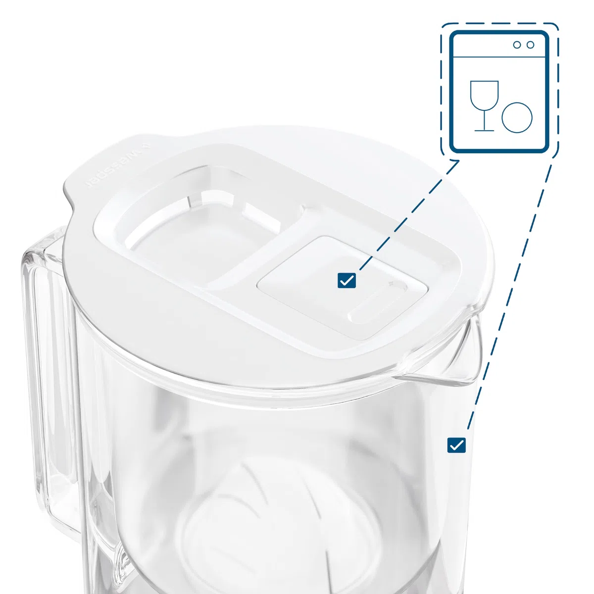 Wessper Jarra Filtrante de Vidrio con cartuchos filtrantes para Agua Potable de 2 l, Jarra filtrada con Contador Inteligente, Kit que Incluye 1 filtro de Carbón Activo- Blanco