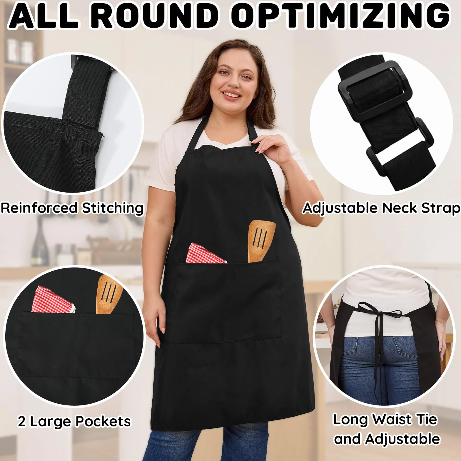4 Piezas Tamaño grande Delantales, Negro Chef Delantal Impermeable con 2 Bolsillos Ajustable, Delantal de Cocina para Hombres y Mujeres, Cocinar, Restaurante, Café, Hornear