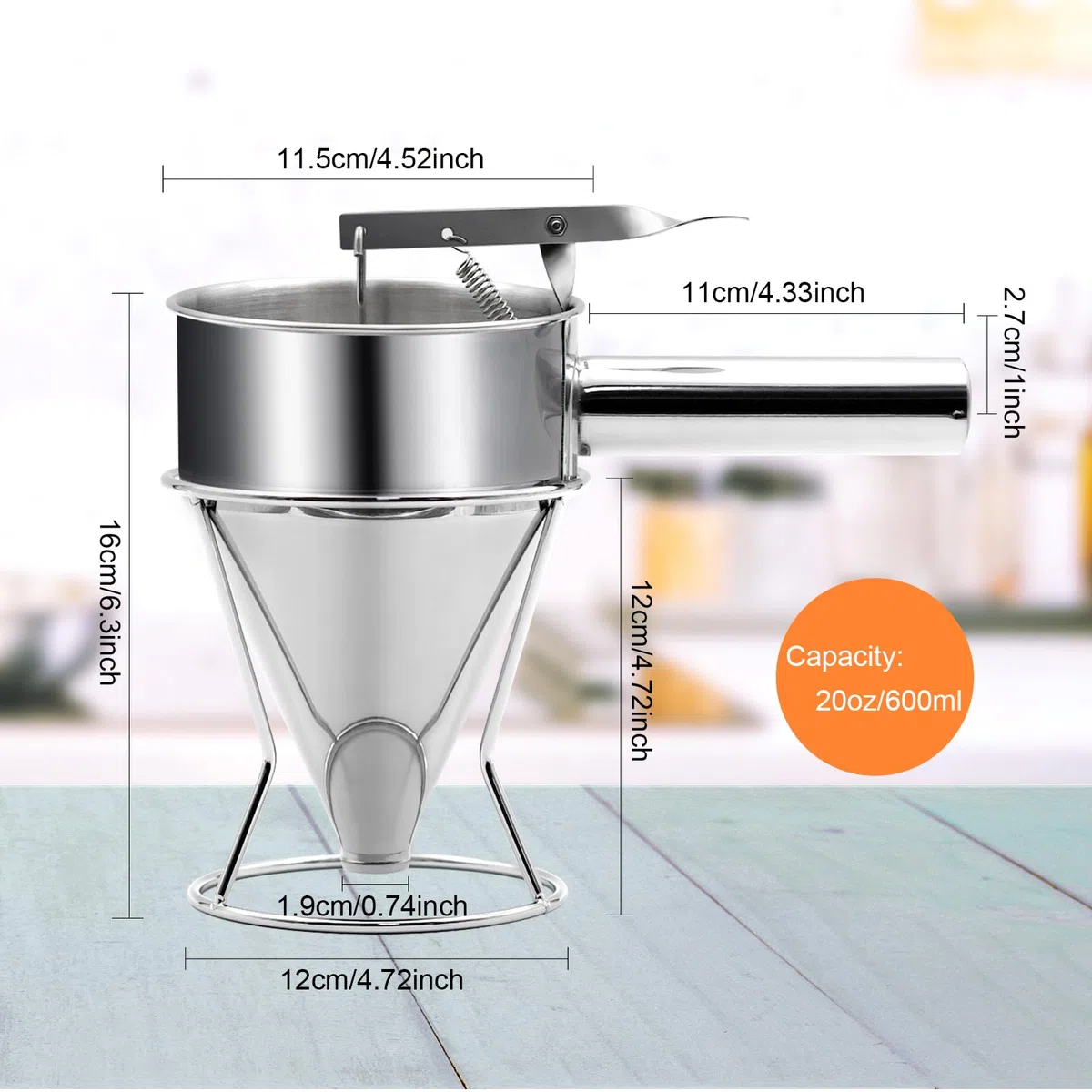 Dispensador de masa de panqueques de acero inoxidable, dispensador de pasteles de embudo de 0.6 L con soporte, herramienta de horneado resistente para cupcakes, gofres y pasteles