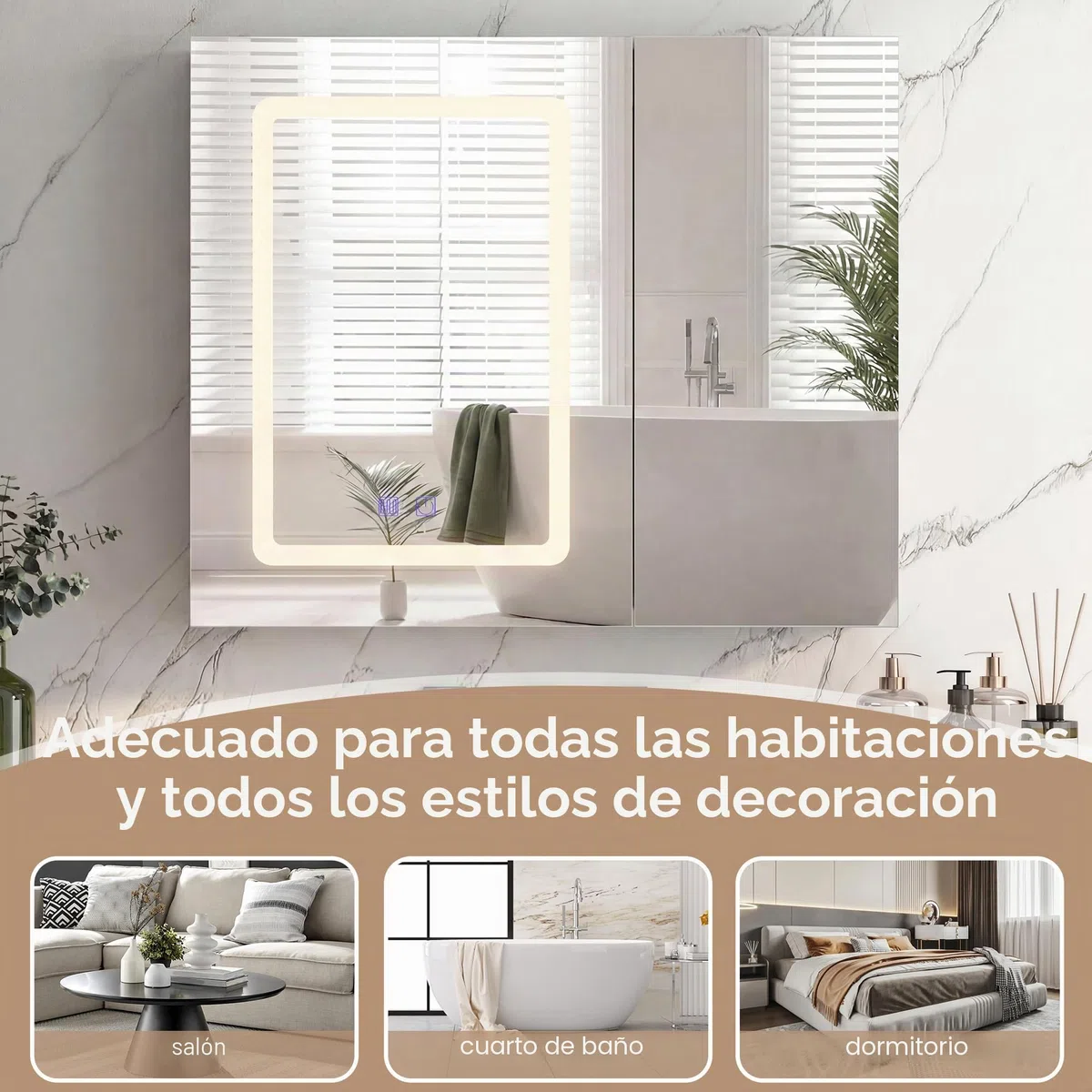 Armario de baño con espejo y luz LED, espejo de baño con almacenamiento, función antiniebla, 3 temperaturas, con estante ajustable, estilo moderno (70 x 13,5 x 60)