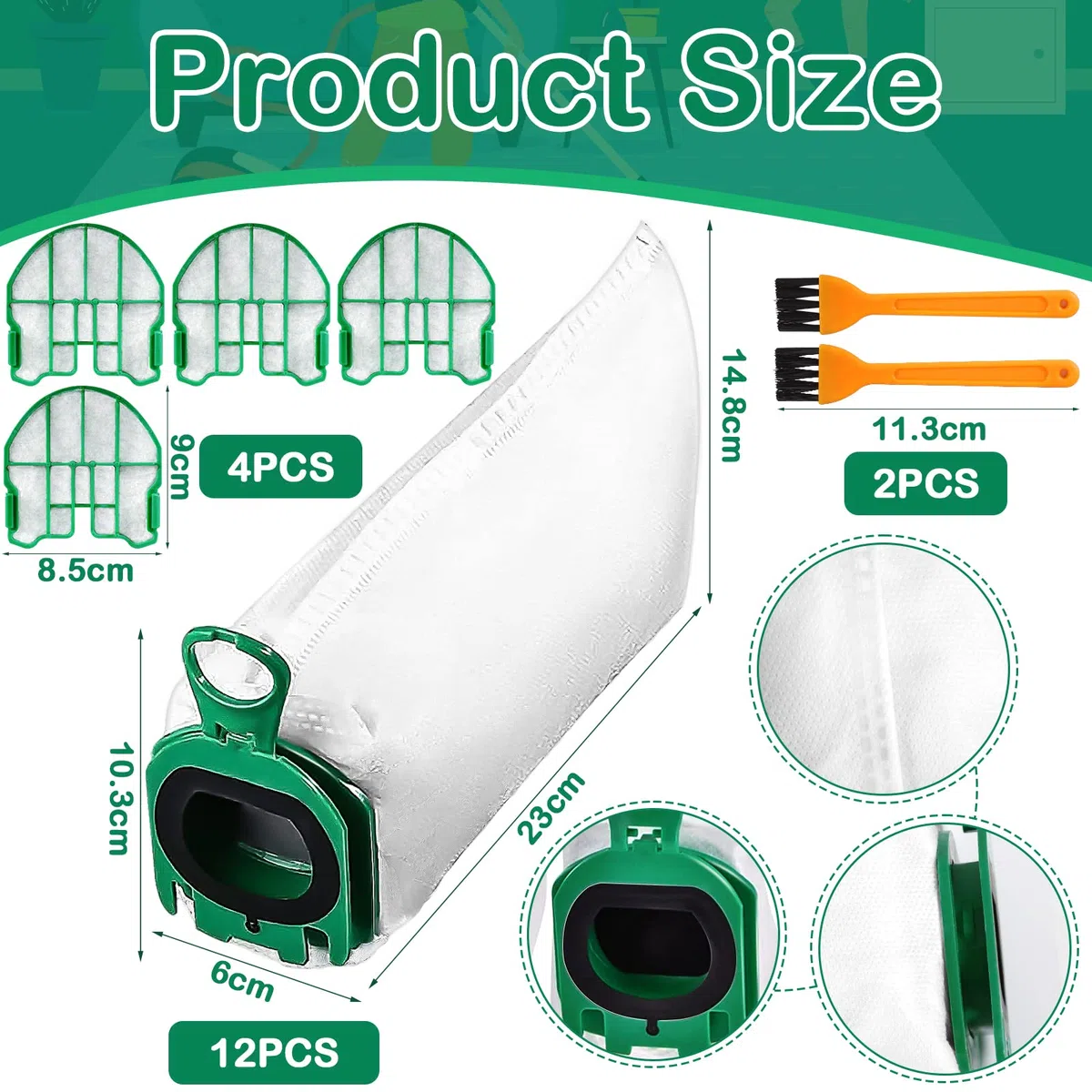Paquete de 12 Bolsas para Vorwerk Kobold VB100 FP 100,Bolsas de Aspiradora,Bolsas Aspirador,Bolsas Eliminación con 4 Filtros de ProteccióN Del Motor, 2 Cepillar