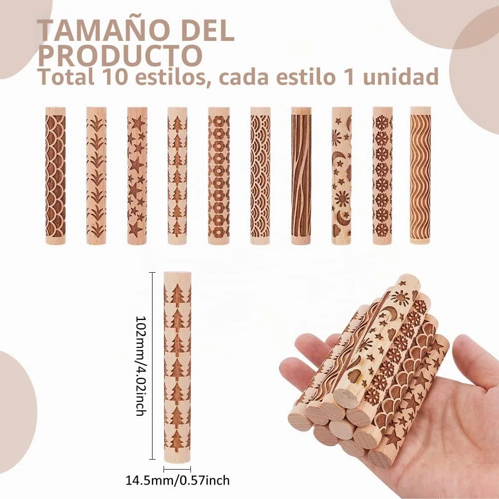 Unicraftal - Juego de 10 rollos de textura de madera para arcilla cerámica cerámica cerámica alfareros sellos herramientas rodillos de pastelería texturizados, kit de modelado para bricolaje artesanal
