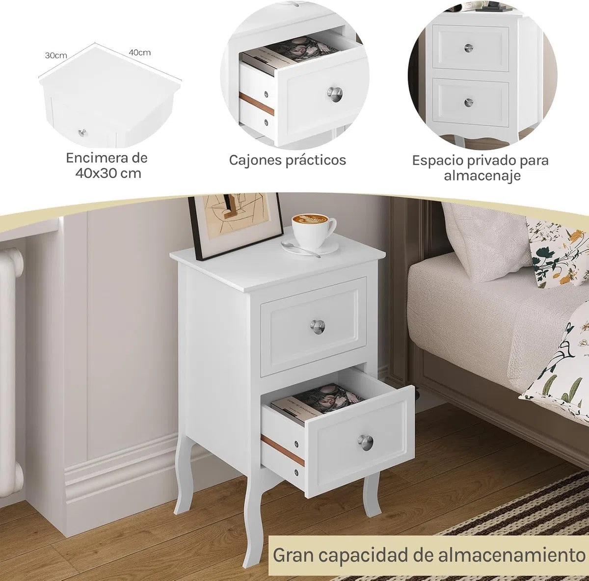 WOLTU Mesitas de Noche Mesilla Auxiliar Sofá Mueble con Espacio de Almacenamiento Mesa para Cama Café Dormitorio con 2 Cajones 40x30x60cm Blanco MDF TS119ws