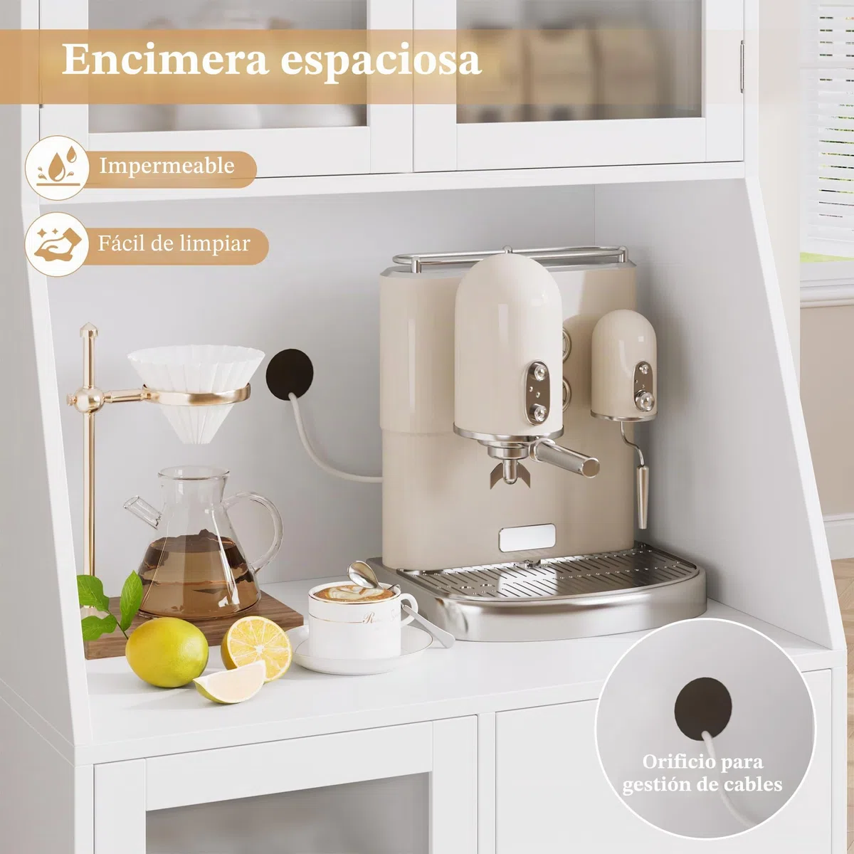 HOCSOK Alacena de Cocina con Encimera, Armario de Almacenamiento Alto con 3 Puertas y 4 Cajones para Salón, Comedor y Bar, Estilo Moderno, Blanco