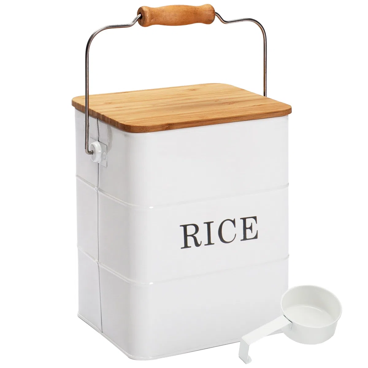 Recipiente de arroz de metal de 10 l con tapa de bambú y cuchara, recipiente de almacenamiento de arroz hermético, recipiente de almacenamiento de cocina para alimentos, recipiente de cereales