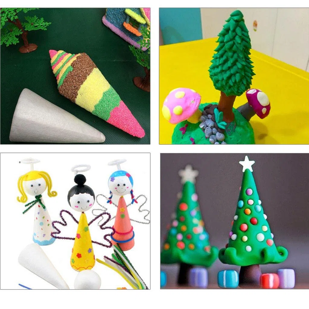 Juego de 3 conos de poliestireno sólido blanco (15 cm, 20 cm, 25 cm) – Decoración para árbol de Navidad, suministros artísticos para niños