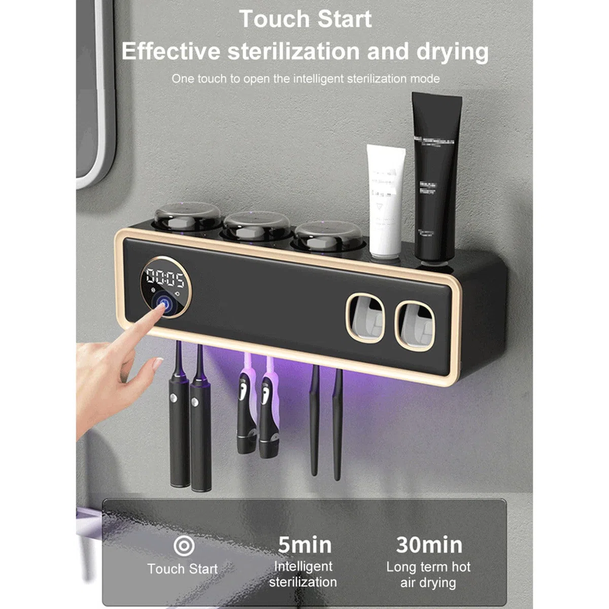 Esterilizador inteligente Uv, organizador sin perforaciones, Set de accesorios de baño, soporte para cepillos de dientes, soporte para cepillos de dientes Uv, sin perforaciones inteligentes,White