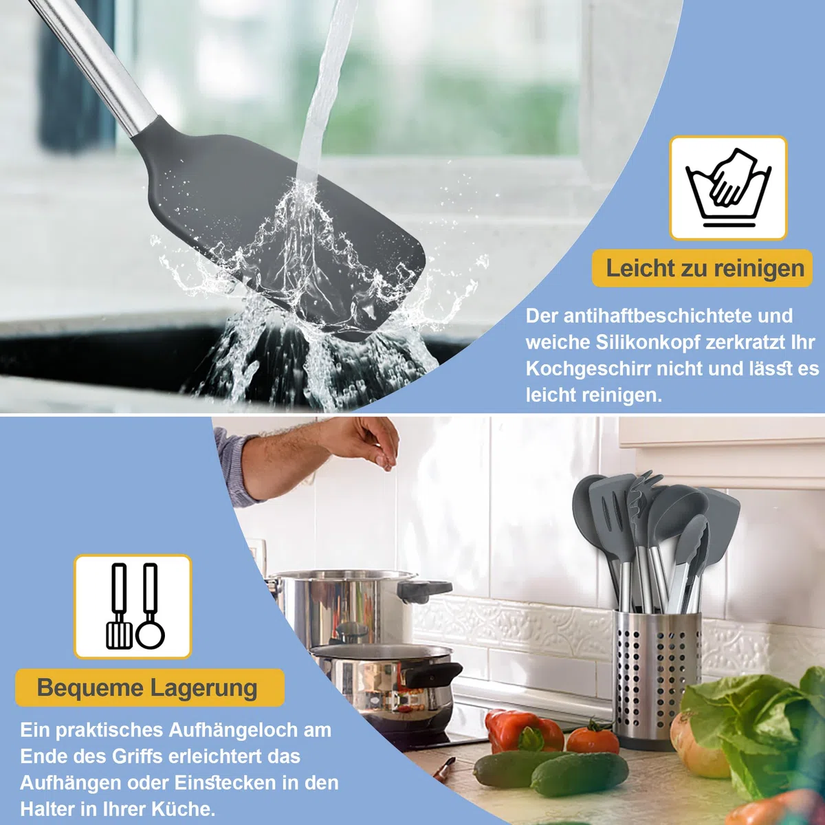 Herogo Juego de 6 utensilios de cocina de silicona, color gris, mango de acero inoxidable, resistente al calor, antiadherente, incluye pinzas, volteador, espátula, regalo ideal