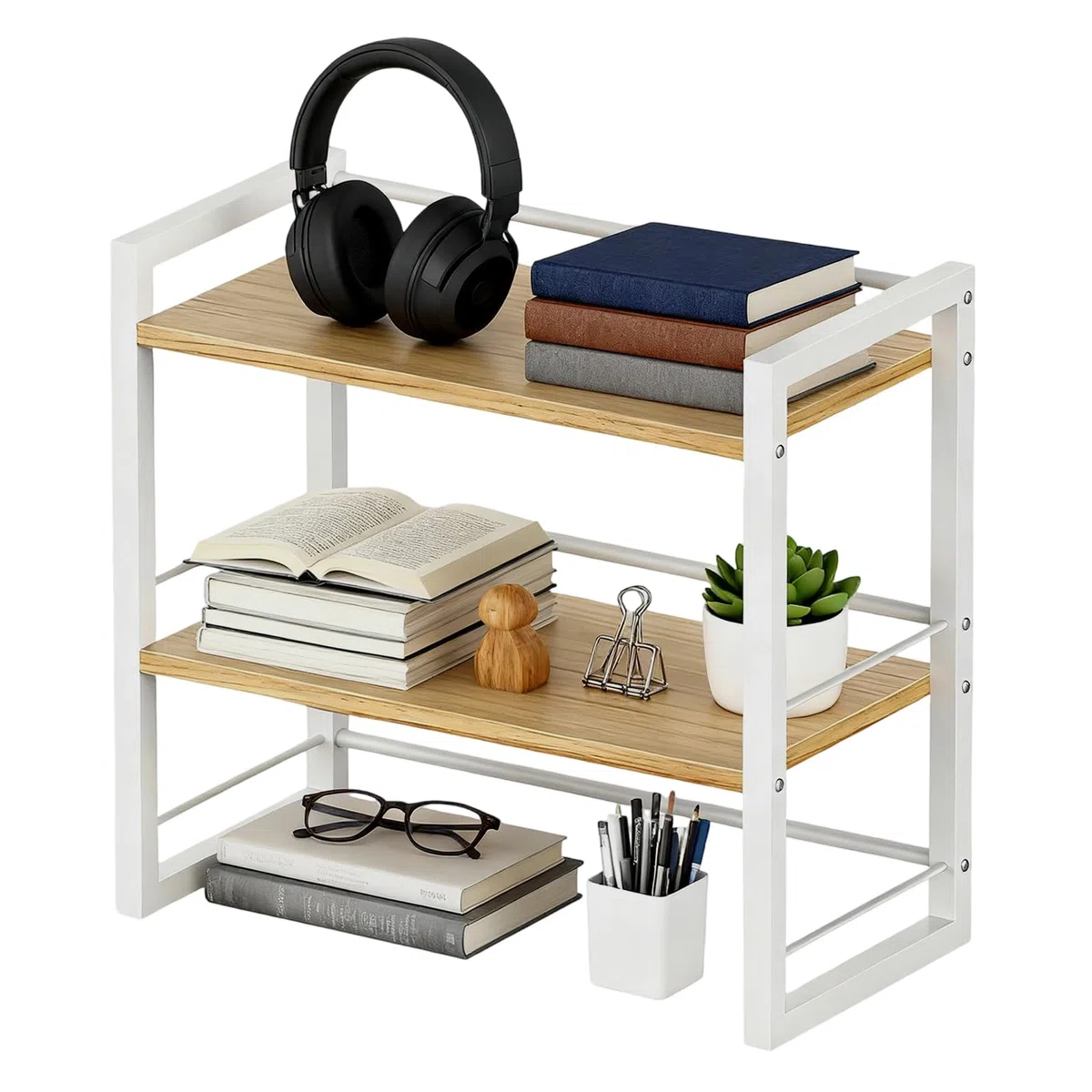 Organizador de escritorio para libros, estantería de 2 niveles, estilo rústico, estantería de almacenamiento para escritorio, estantería pequeña de madera y metal
