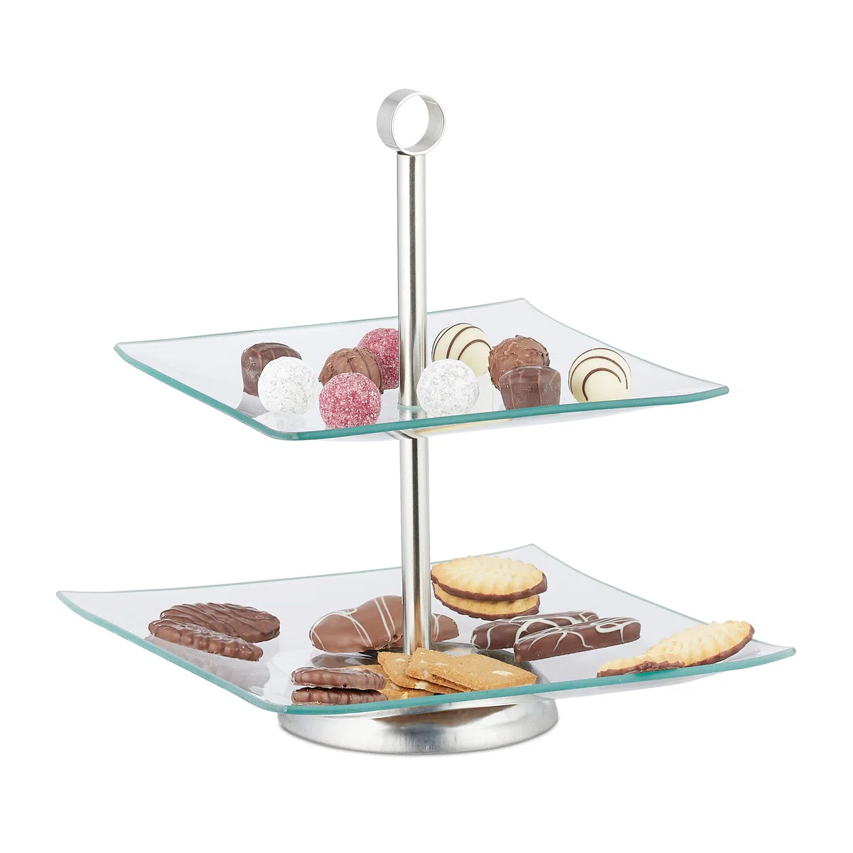 Relaxdays Soporte para Tartas, Cupcakes y Fruta de 2 Pisos, Cristal-acero, Plateado-transparente, 28 x 24,5 x 24,5 cm