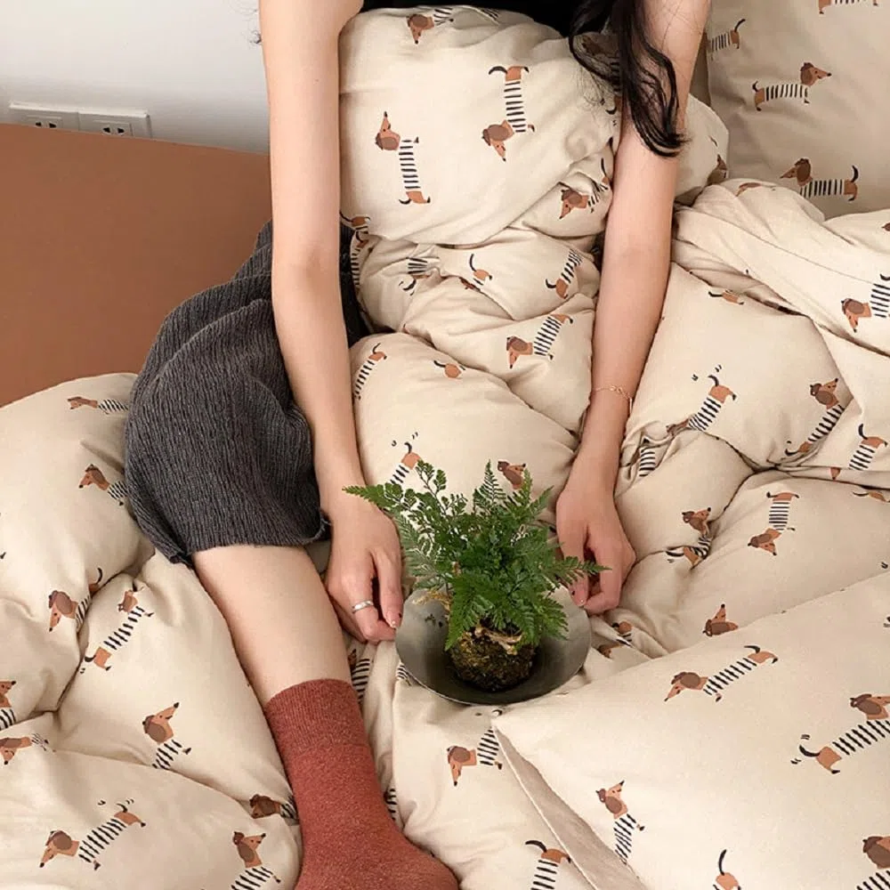 Lanqinglv Ropa y cama de 220 x 240 cm para niña, perro salchicha, marrón claro, marrón, ropa de cama infantil de microfibra, juego con certificado Öko-Tex, funda nórdica