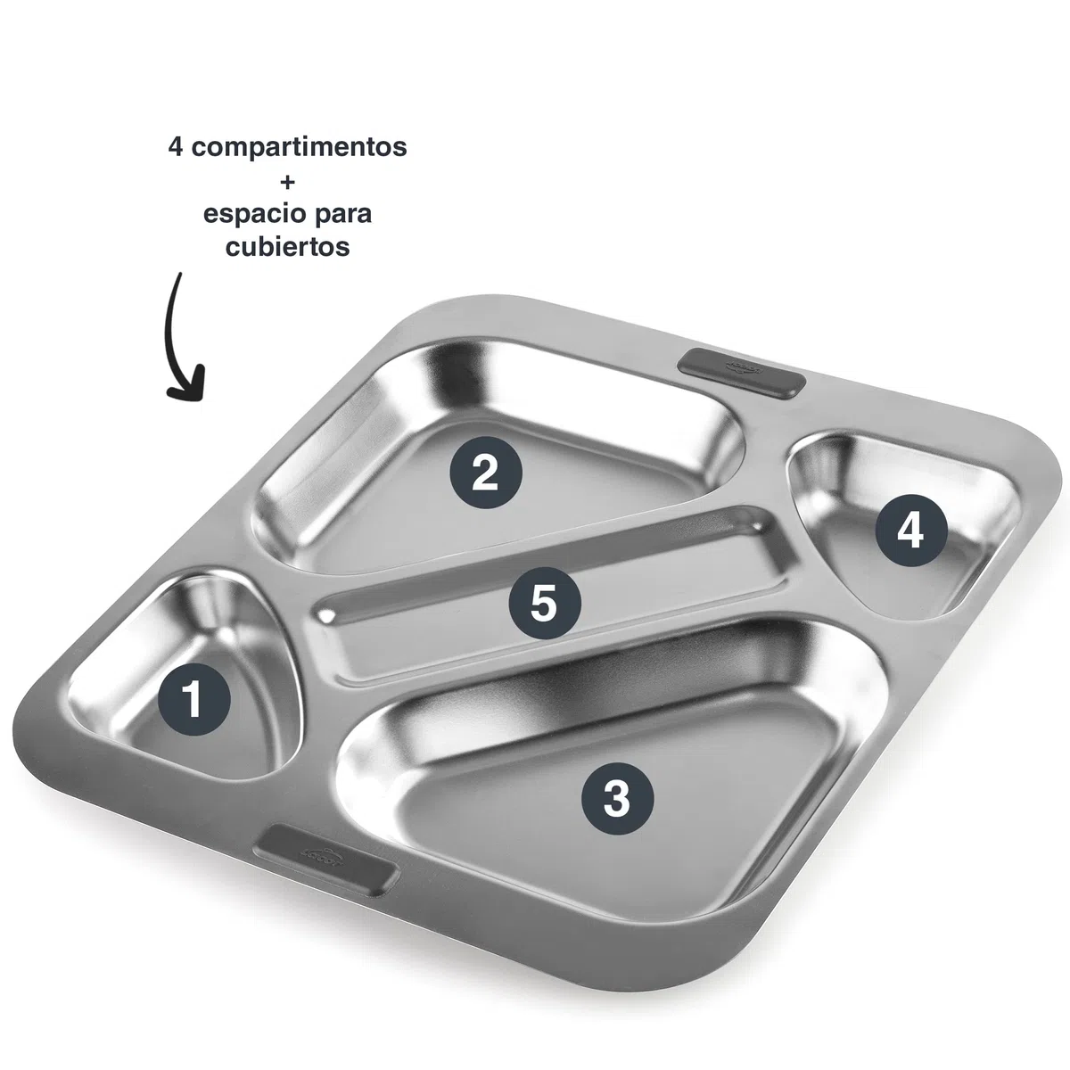 LACOR - 66957Z - Bandeja Autoservicio, Bandeja para Comedor, 4 Compartimentos + Espacio para Cubiertos, Apilable, Acero Inoxidable, 32.5 x 37.5 cm