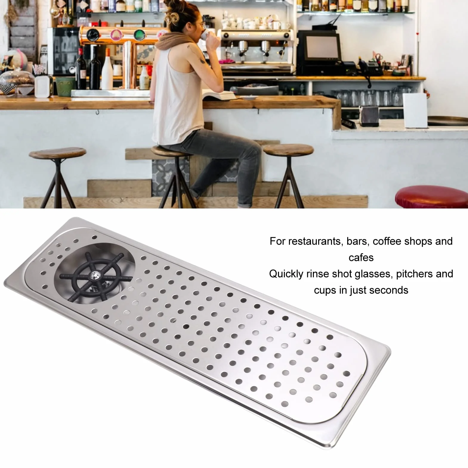 Limpiador de tazas, enjuague de botellas, enjuague de tazas, enjuague de limpieza de vidrio con manguera de bandeja de goteo de drenaje para bar, cafetería (acero inoxidable, color B)