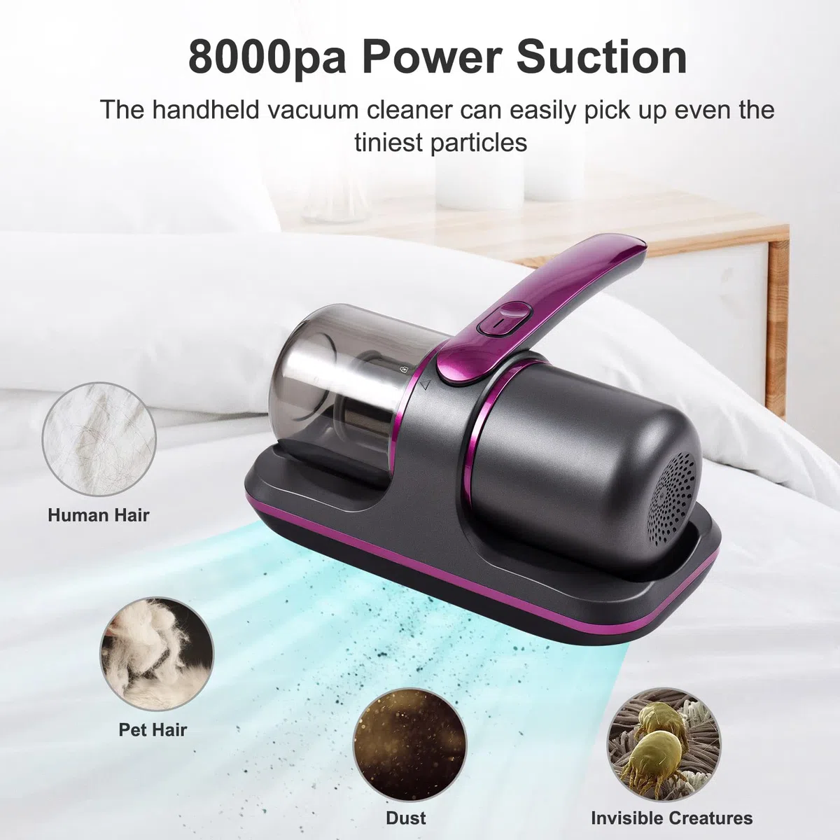 Aspirador de Mano,Colchón Compacto Aspirador de Cama UV Inalámbrico de 100 W 8000 Pa Succión Fuerte 2 Velocidades Ajustable 250 Ml Recolección de Polvo Batería Incorporada para Limpiar