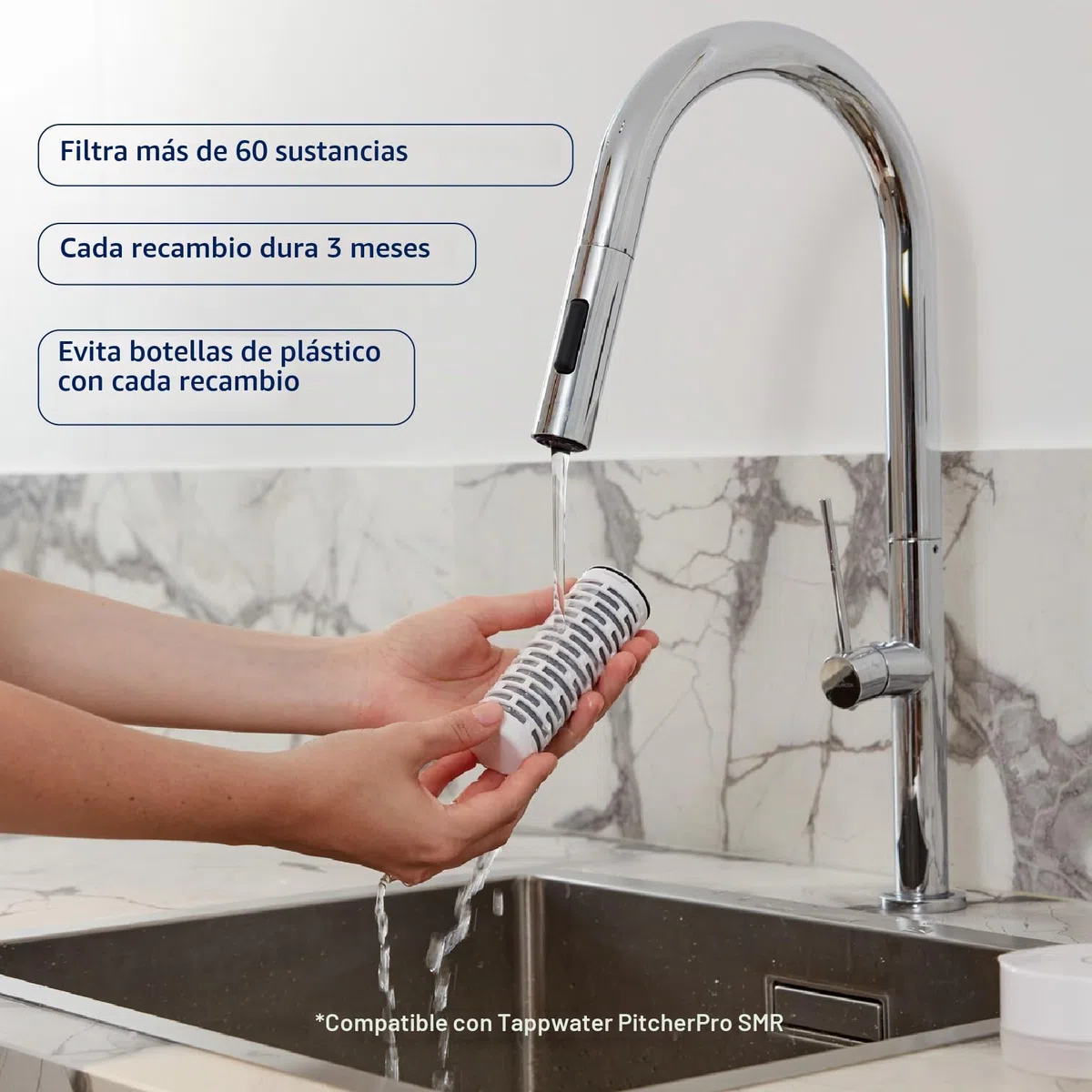 Tappwater PitcherPro SMR (4 Recambios) - jarra agua cristal 1,45L, filtración instantánea y con minerales esenciales añadidos, Elimina Cal y +60 Sustancias, Diseño Elegante
