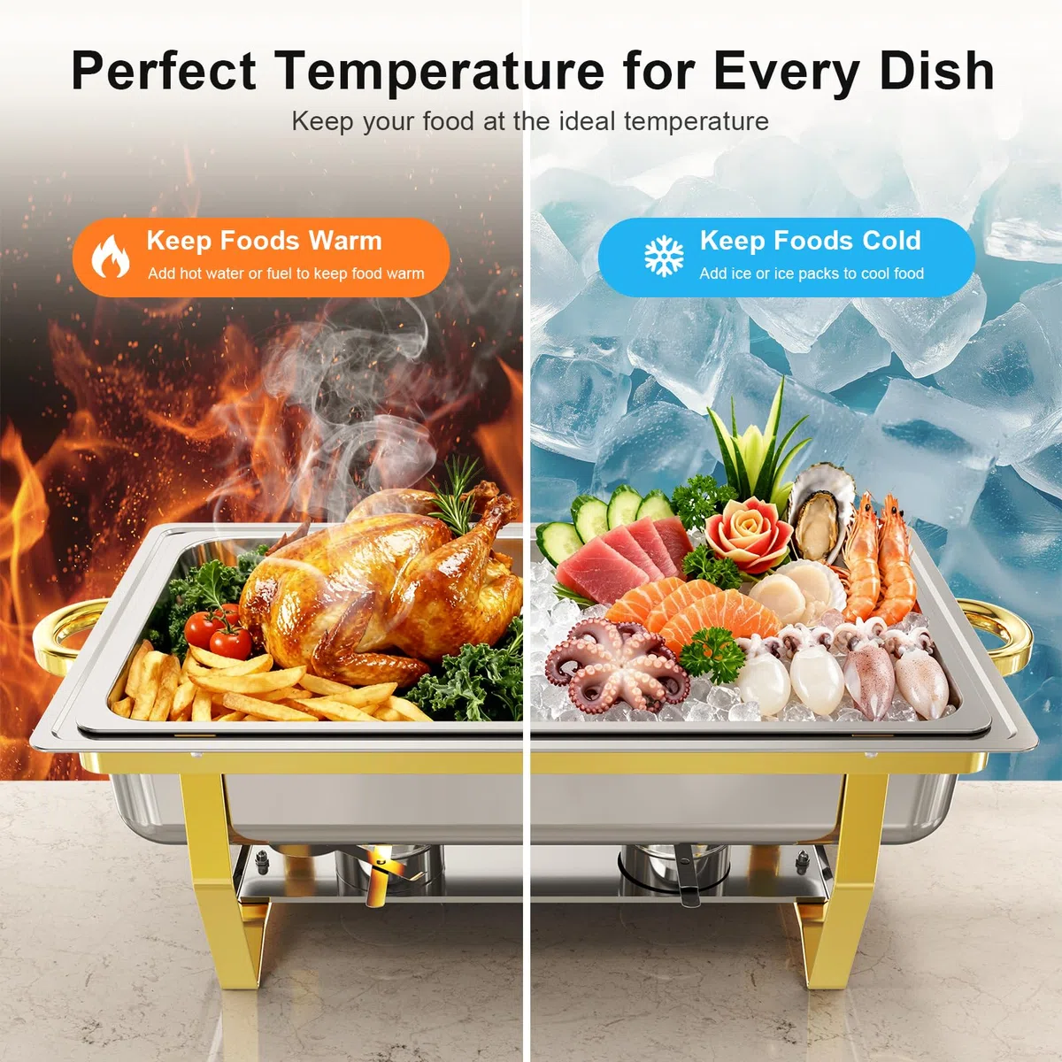 Juego de 2 platos de frotamiento para buffet, juego de platos de alta calidad, calentadores de alimentos [instalación sin tornillos] con diseño apilable para bufés de bodas, hogar, Navidad, 2 sartenes