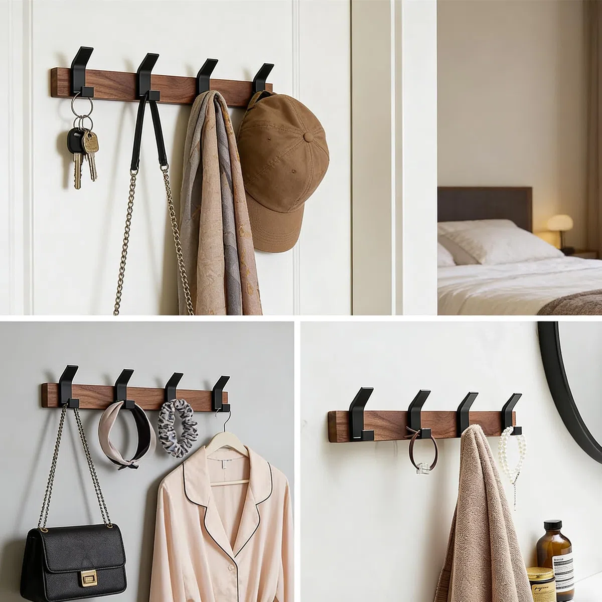 Perchero de Pared de Madera Maciza de Nogal Negro, 40 cm, 4 Ganchos Dobles de Metal Negro, Colgador de Pared para Abrigos, Toallas, Bolsos y Llaves, Entrada, Baño y Dormitorio