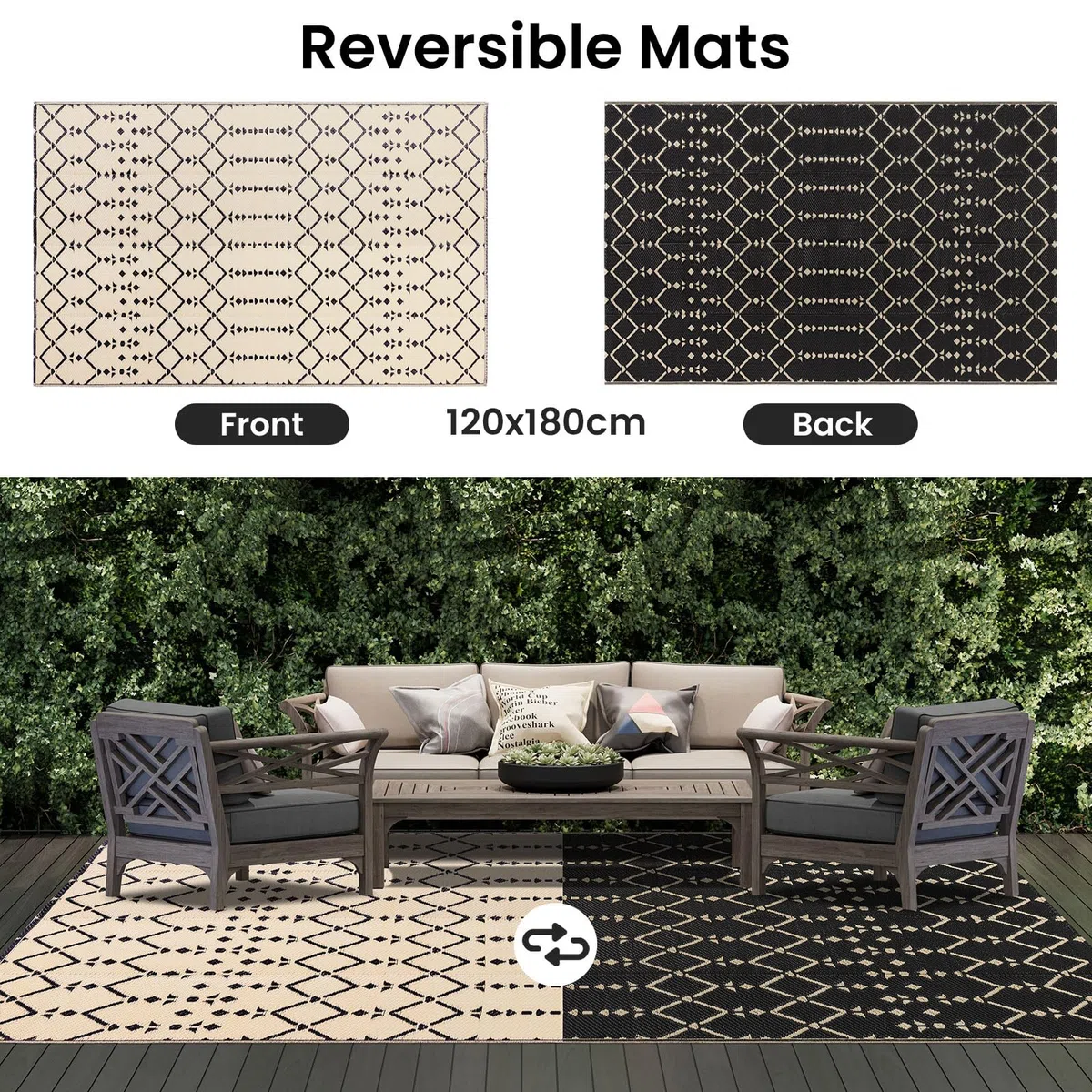 Homaxy Alfombra de exterior resistente a la intemperie, 120 x 180 cm, utilizable por ambos lados, resistente al agua, alfombra bohemia para terraza, jardín, balcón, camping, picnic, color beige