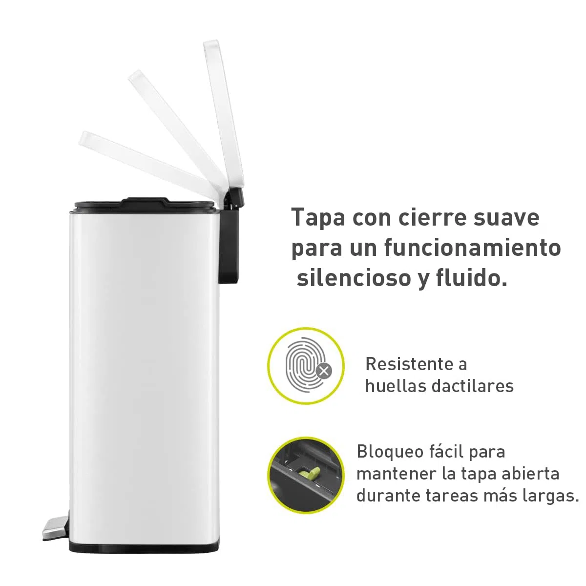 EKO Madison Cubo de Basura para Cocina 50 L con Pedal Blanco Mate | Cubo EKO Madison de 50 L en color blanco, con pedal, cierre suave, función stay-open y anillo estabilizador de bolsas.