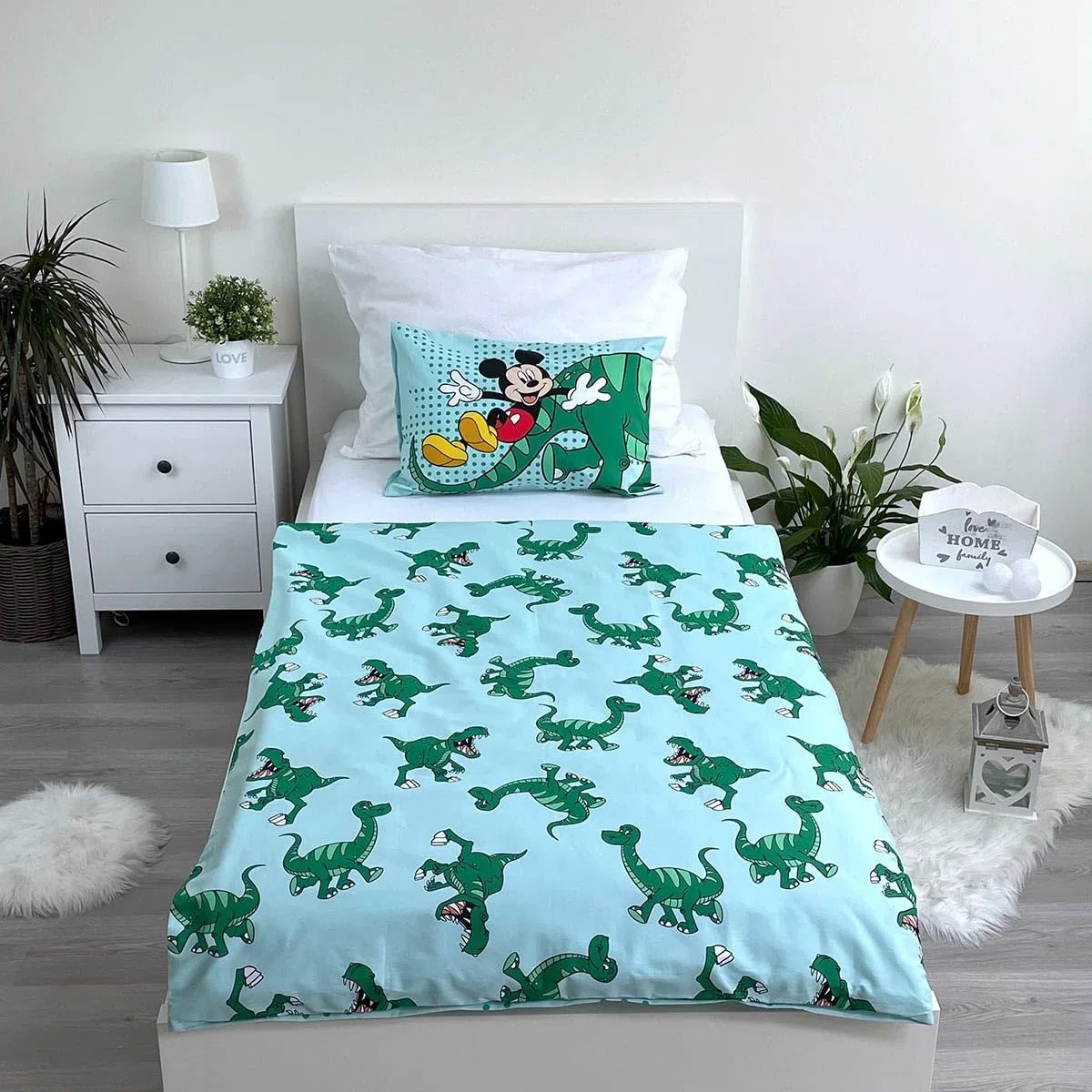 Funda Nórdica Mickey Mouse - Funda Nórdica Disney Infantil de Dinosaurios, para Edredón de Cama de 90, 100x135cm y Funda de Almohada 40x60cm, Color Verde