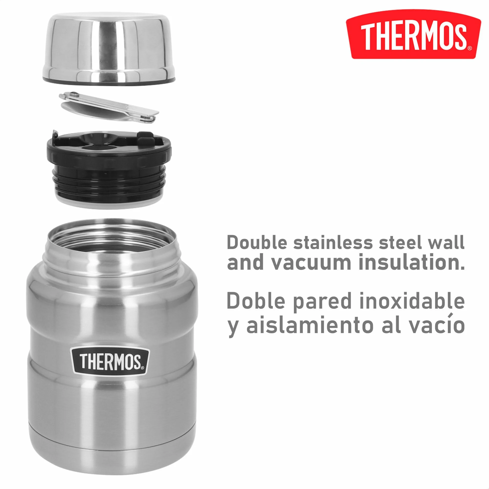 Thermos Termo Acero Inoxidable, 470 ml, 9x9x15 cm, Incluye Cuchara, Doble Aislamiento, Rendimiento térmico 9h Calor y 14h frío, Termos para Comida Caliente