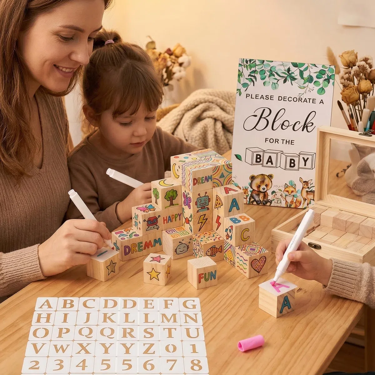 Juego de 104 Letreros para Baby Shower, actividades con bloques de madera, lápices y plantillas, actividad creativa y decoración para invitados, Mini Natural Cubos de Madera Baby Shower