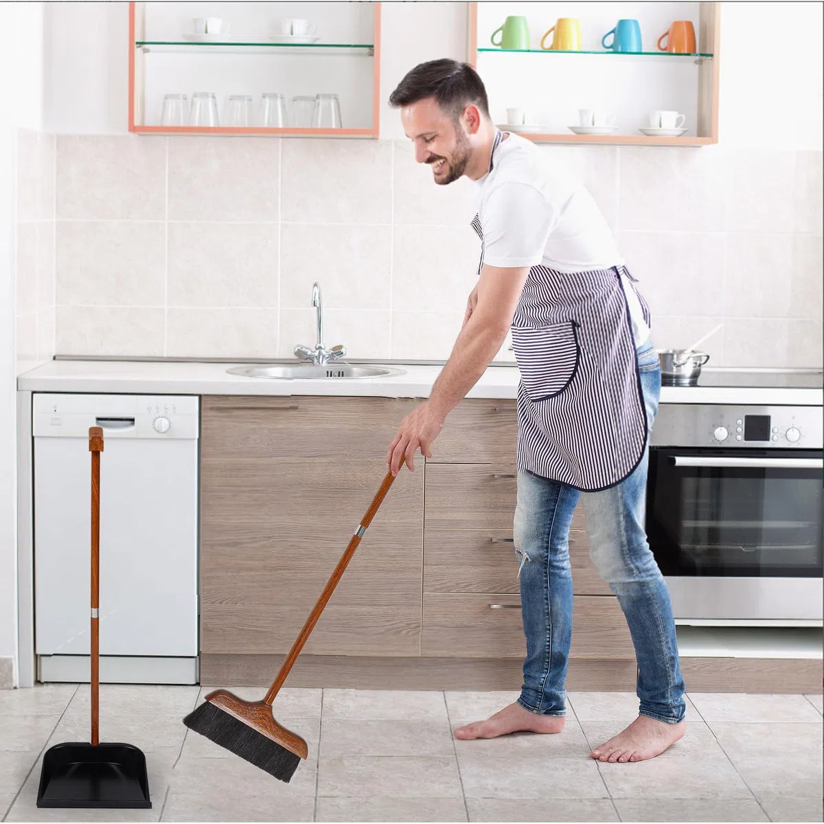 Juego de Cepillo y Recogedor de Mango Largo de Madera y Crin de Caballo | Escoba con Recogedor Quitapelos, Recogedor, Uso Versátil para Cocina y Salones