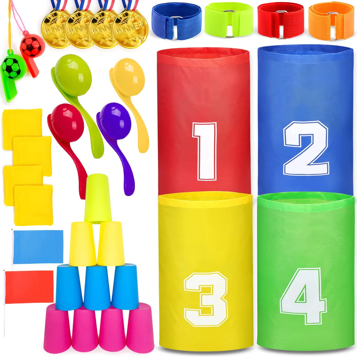 Chennyfun Sports Day Kit, 38 Piezas de Juegos para Exteriores y Jardín Deportivo para Niños, Incluye Sack Run, Lanzamiento Frijoles, 3 Patas y Huevos y Cucharas Juegos Familiares para Adultos y Niños