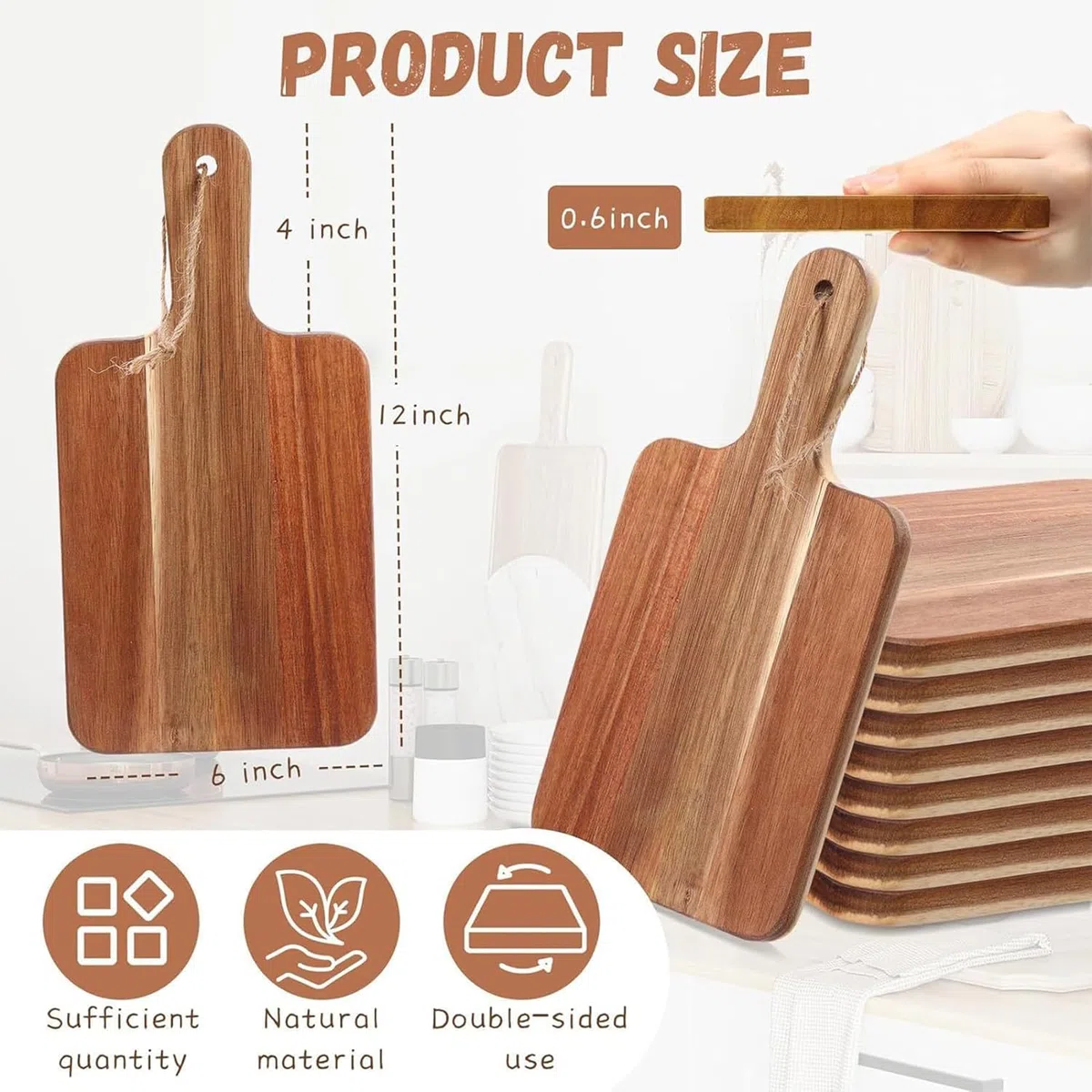 Juego de 6 tablas de cortar de madera de acacia, tablas de cocina de 12 pulgadas con asa, ideal para embutidos, queso, pan, carne y frutas (12 x 6 x 0.6 pulgadas)