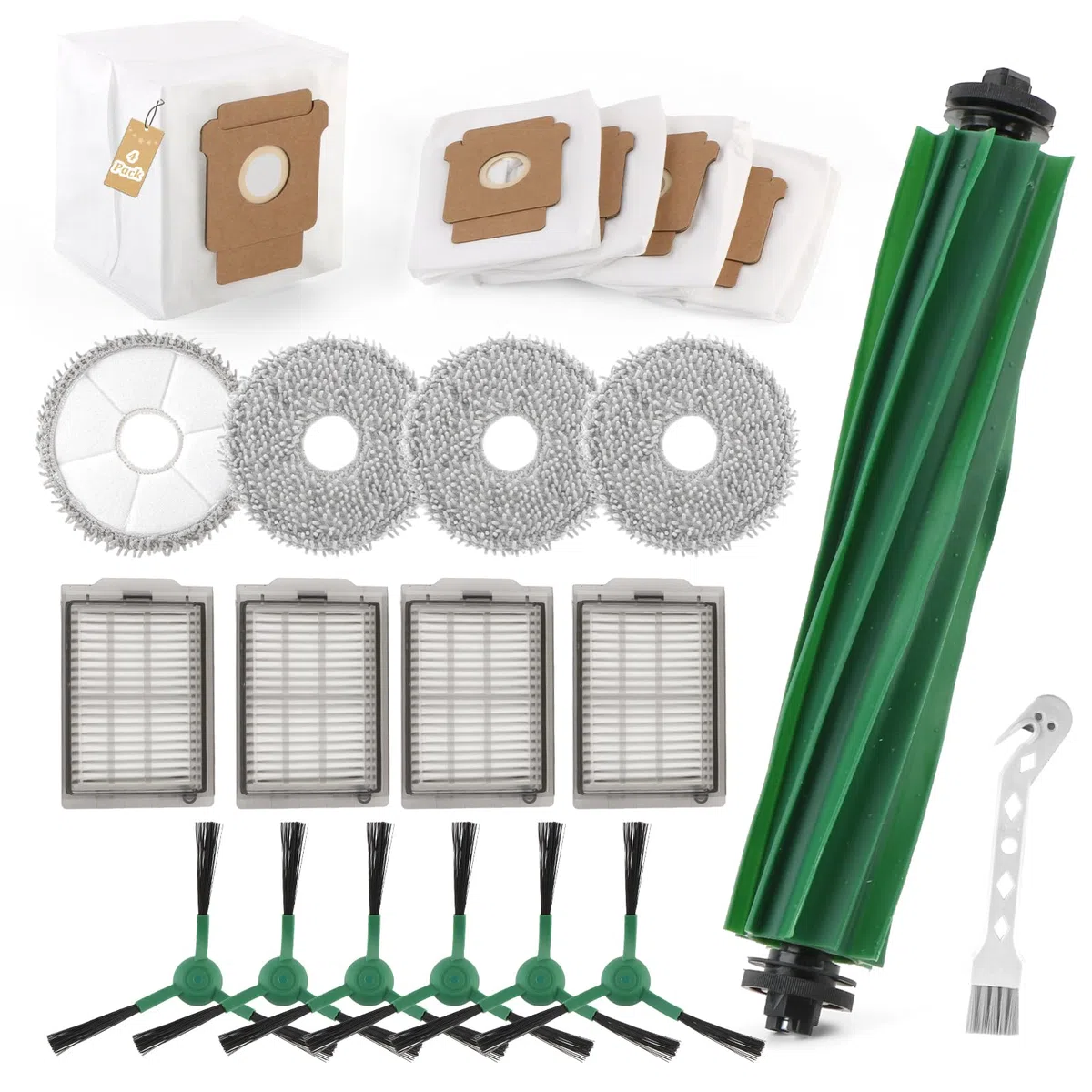 para iRobot Roomba Plus 405/505 Combo Repuesto Accesorios con 1 Cepillo de goma,6 Cepillo Lateral,4 Bolsas Polvo,4 Filtro Hepa,4 Paños Fregado 1 cepillo de limpieza Accessory