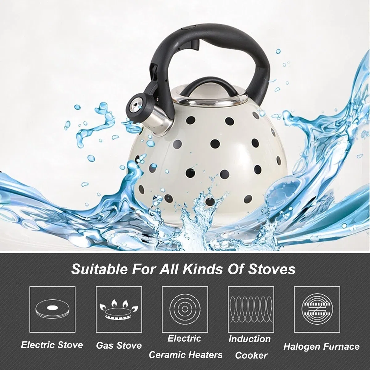 teteras, Hervidor de agua blanco con lunares, acero inoxidable apto for uso alimentario, silbato, 3,2 cuartos galón