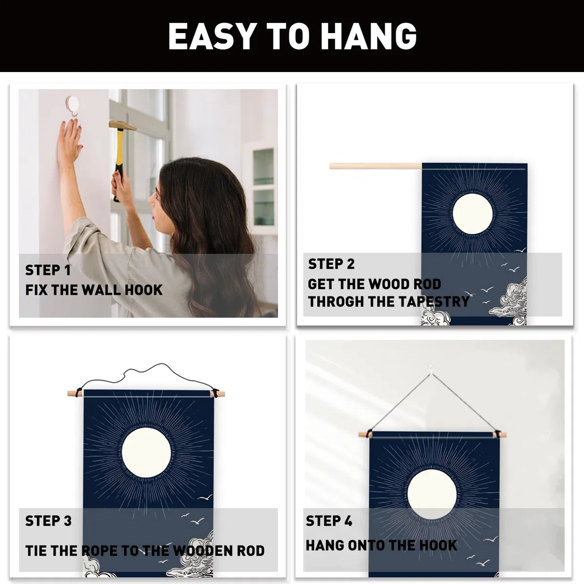 PLIGREAT Paquete de 2 tapices de pared de paisaje natural, montañas serenas, ríos, lunas, sol, para colgar en la pared con borlas, tapiz vertical estético decorativo para dormitorio, sala de estar