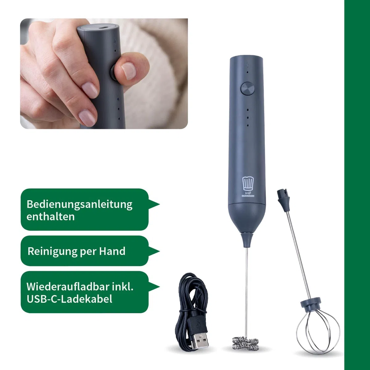 Chef Meet Fackelmann - Espumador de leche eléctrico (incluye 2 batidores de varilla, recargable por USB-C, 3 velocidades), color gris oscuro