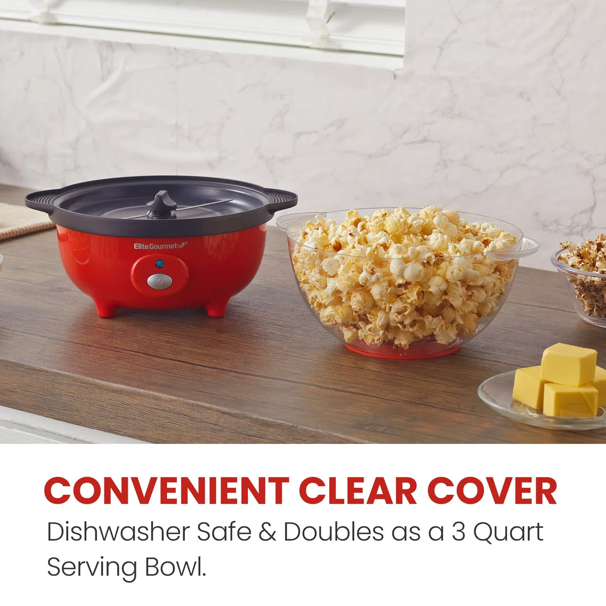 Elite Gourmet Automatic Stirring Popcorn Maker Popper, Electric Hot Oil Popcorn Machine with Measuring Cap & Built-in Reversible Serving Bowl, Great for Home Party Kids, Safety ETL Approved, Red