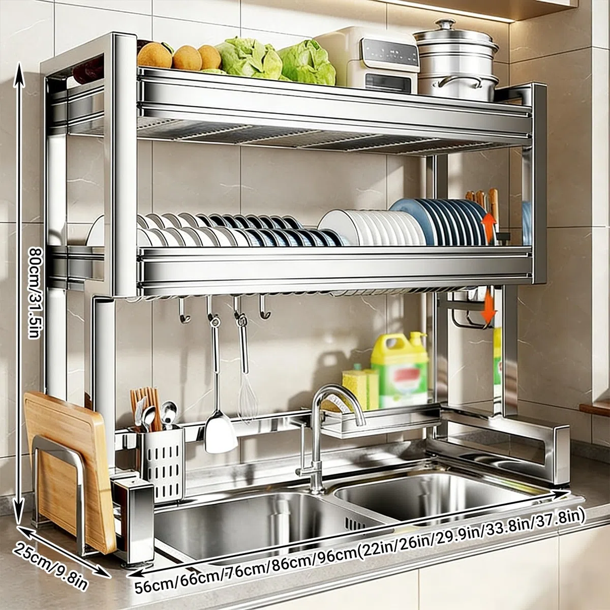 Estante de secado de platos multifuncional de acero inoxidable 304, estante de fregadero que ahorra espacio para almacenamiento de cocina, para platos, vasos, cubiertos