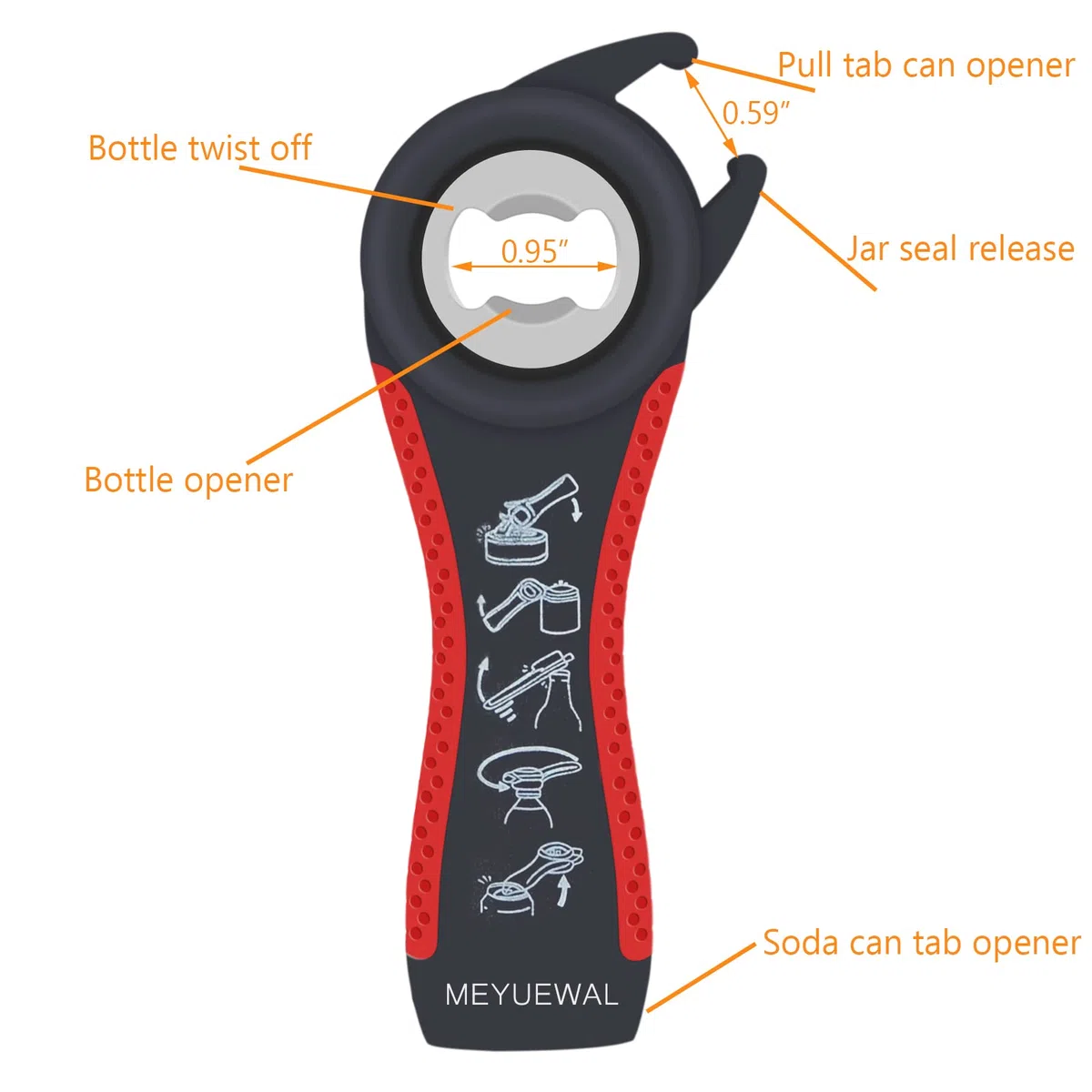 Abridor de tapas 6 en 1, abrelatas y botellas, tarros y latas para personas mayores con artritis o manos débiles, resistente y borde liso, color rojo