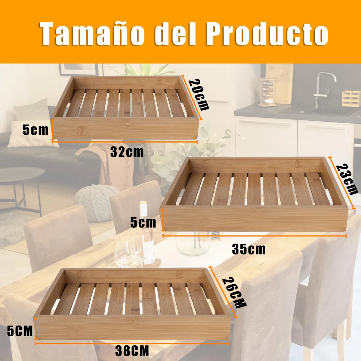 Set de 3 Bandejas de Bambú con Asas Ocultas, Organizadores Multiusos para Cocina, Comedor y Salón, Medidas: 38x26, 35x23, 32x20 cm, 5 cm de Alto,XZ-22115-1