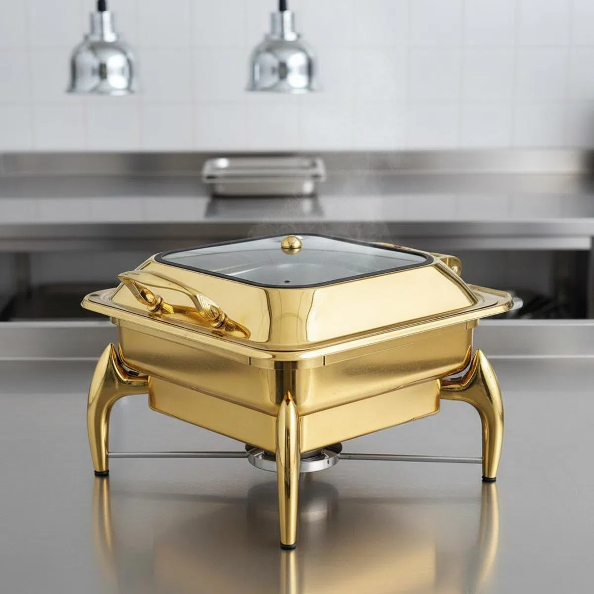 Calentador de Buffet Chafing Dish Recipiente Servidor Acero Inoxidable Dorado 9L la Comida Caliente Patas Uso Continuo Adecuado para Hoteles Bufés, Cuadrado De 6L con Soporte
