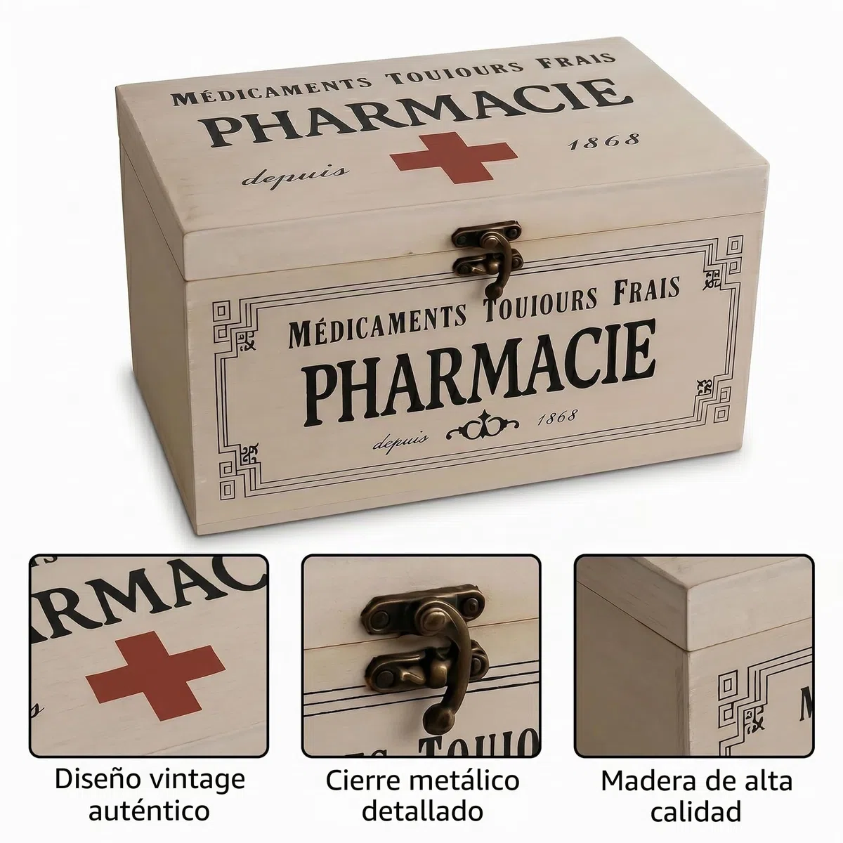 khevga - Caja con Tapa de Madera y decoración con Motivos de Farmacia (23 x 13 x 13 cm)