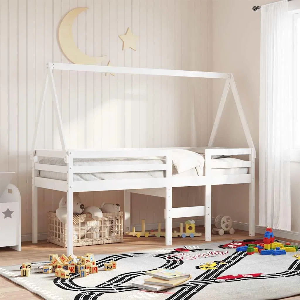 Techo para cama infantil, color blanco, madera maciza de pino, 199 x 95,5 x 88 cm, accesorio para casa de juegos, con lado abierto para habitación infantil, zona de dormitorio estable y