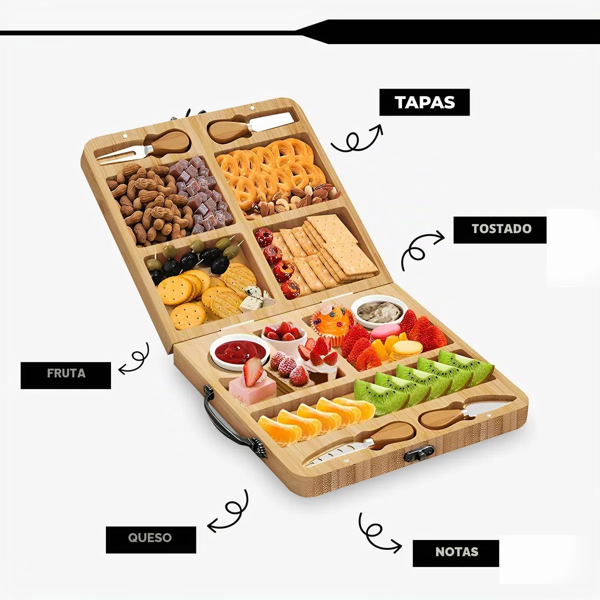 Juego De Tabla De Queso De Bambú Plegable con 4 Cuchillos Y 6 Tenedores - Set De Regalo Extensible De Madera para Embutidos Y Queso | Bandeja De Servicio para Tapas Y Fruta