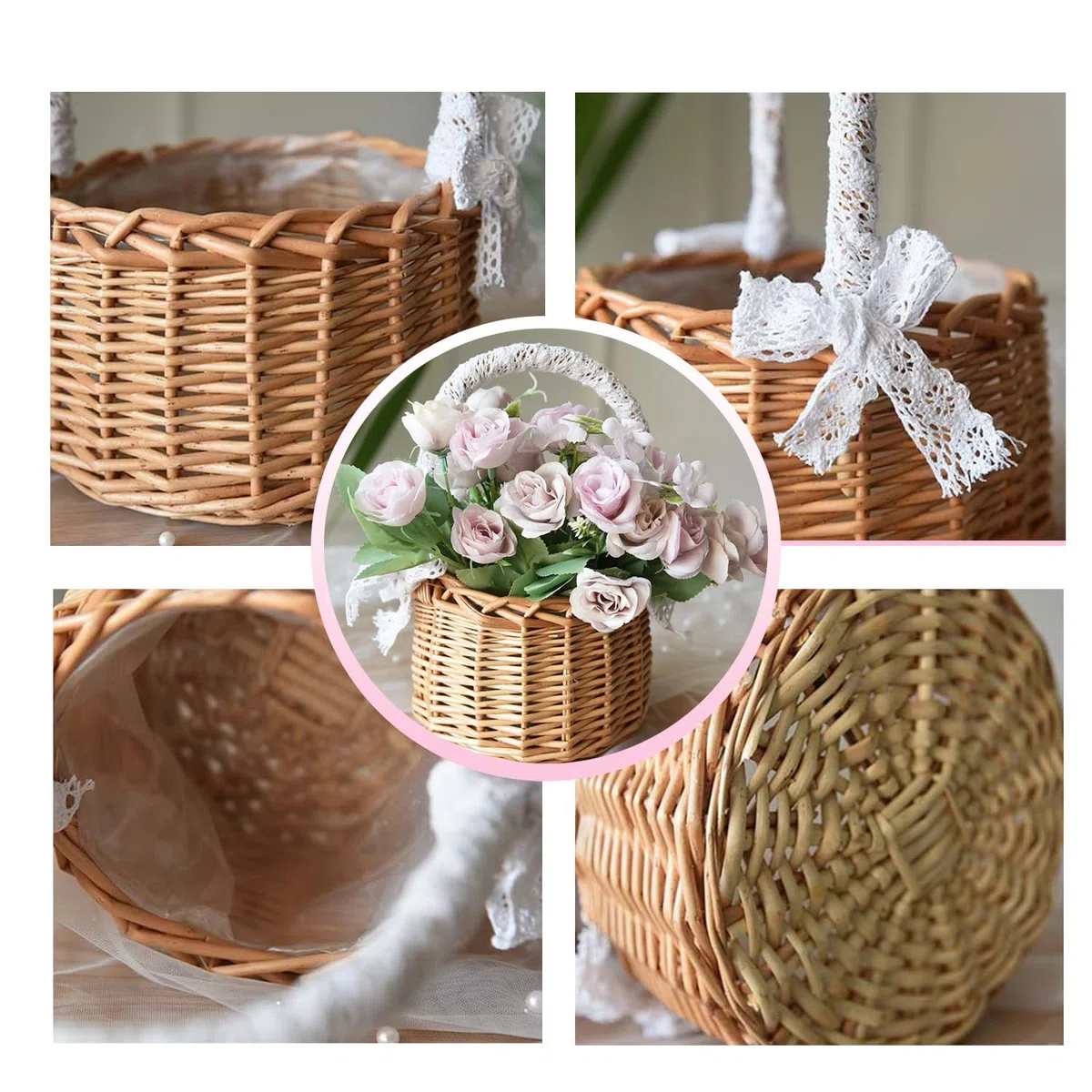 2 Piezas Cestas Pequeñas Mimbre Con Asa, Cesta Setas Mimbre, Cesta De Flores Secas, Cestas Tejidas Con Lazo, Cestitas De Pequeñas, Para Boda Ceremonia Fiesta, Decoración Del Jardín (A, Pequeño)